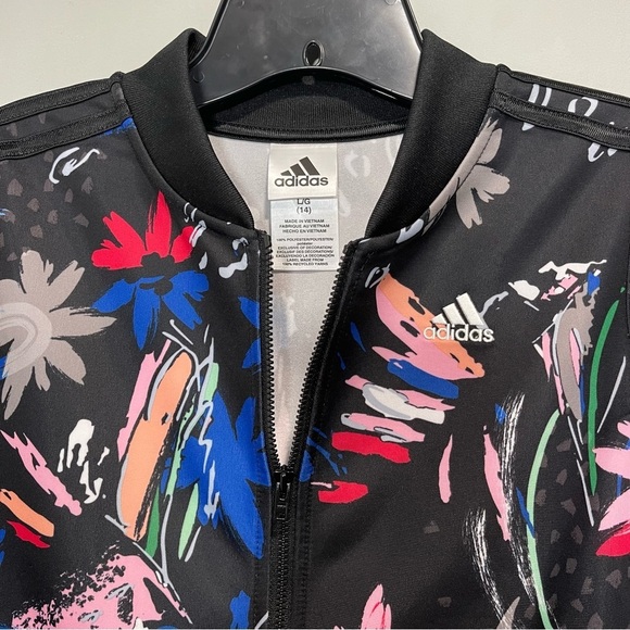 Adidas Girls Black Pink Floral Bomber Jacket - Picture 3 of 13